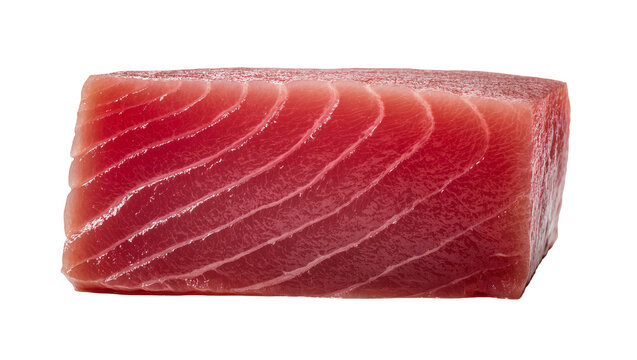 Raw tuna steak with visible red flesh and white fat lines