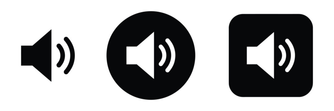 Volume button icon set, speaker sound control symbols for audio playback UI, media player music video and streaming interface design.