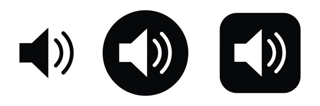Volume button icon set, speaker sound control symbols for audio playback UI, media player music video and streaming interface design.