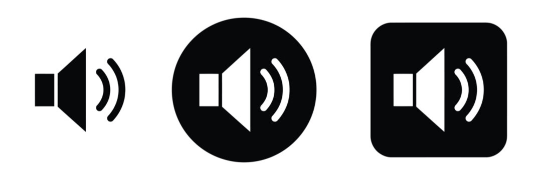 Volume button icon set, speaker sound control symbols for audio playback UI, media player music video and streaming interface design.