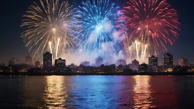 Colorful fireworks exploding in the night sky over an urban cityscape, with beautiful lights reflecting on the water surface, celebrating a national holiday with a pyrotechnic show