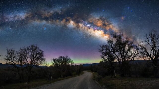 Stunning night sky with the milky way galaxy arching over a winding rural road. Silhouetted oak trees. And a colorful airglow phenomenon lighting up the distant horizon in a beautiful cosmic display