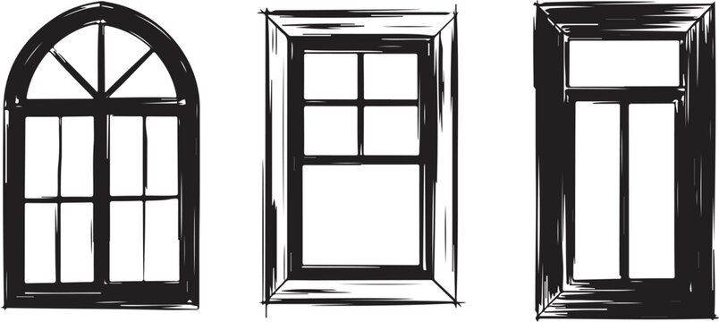 Collection of three artistic black window frames on a transparent background, hand drawn sketch style, architectural elements.