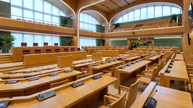 Modern interior of an empty parliament hall or conference room with wooden desks equipped with microphones and voting systems, featuring large windows and an elegant arched ceiling design