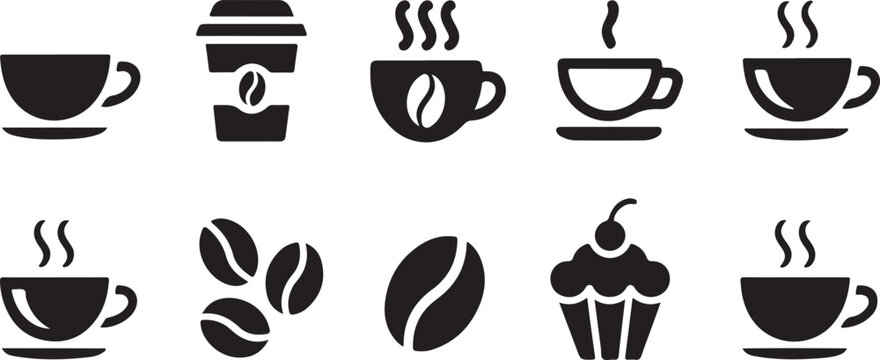 Set of coffee shop icons with hot cups of steamed drink beans and dessert muffin silhouette symbols on light gray background.