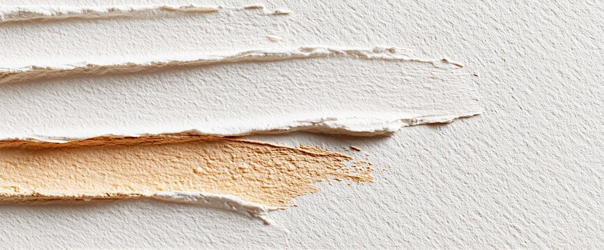 A close-up macro texture shot of three thin parallel brushstrokes of foundation or concealer makeup in slightly different beige and nude tones smeared on a white surface.