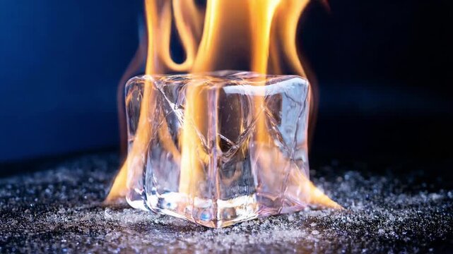 Clear ice cube melting and cracking on a dark surface while surrounded by intense, hot, orange flames. Metaphorical concept of opposites, paradox, and the powerful struggle between elements