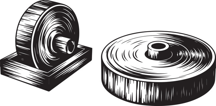 Two vintage millstones with intricate texture, ancient grinding wheel in black and white style on background.