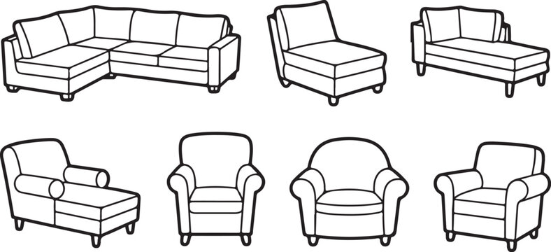 Outline set of comfortable living room furniture, various couches, sectional sofas, single armchairs in line art style.