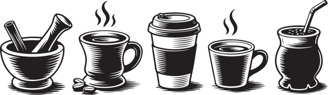 Set of coffee mugs and takeaway cups with steam icons and mate drink for cafe menu graphics isolated on transparent backdrop.