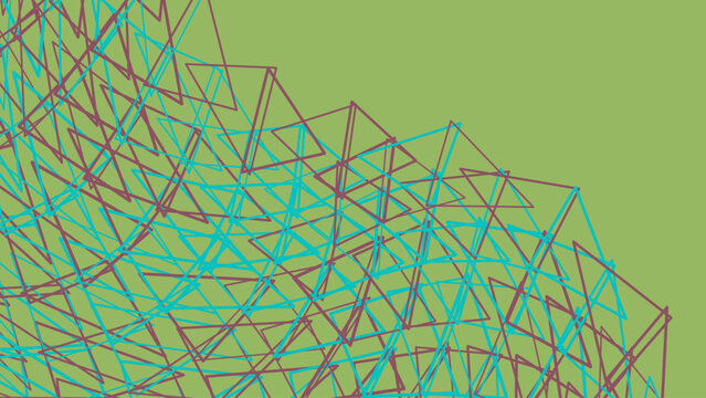 Geometric pattern of overlapping triangles in vibrant teal and brown hues on a soft green background.