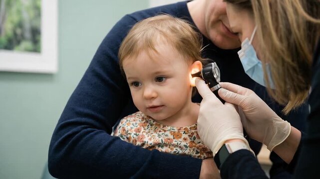 Female doctor performing a medical examination of a little girl's ear with an otoscope while her father holds her, demonstrating routine pediatric healthcare and diagnostics in a clinic