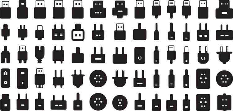 Large set of electrical plug adapters and power cable connectors for various global socket types in clean monochrome black form.