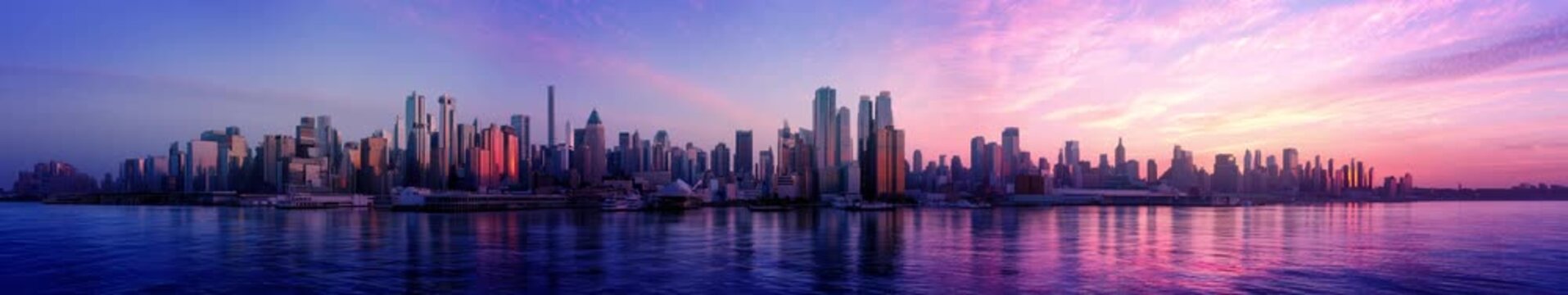 New York City Skyline Panorama at Purple Pink Sunset, Manhattan Waterfront Reflection Animation, Widescreen Loop