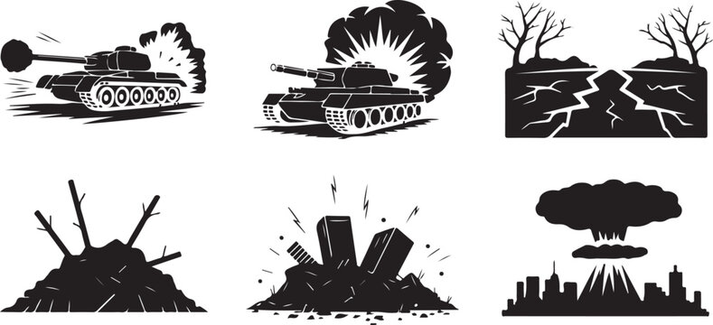 Military battle scene set showing armored tank warfare destruction explosion ruins nuclear impact devastated city environment.