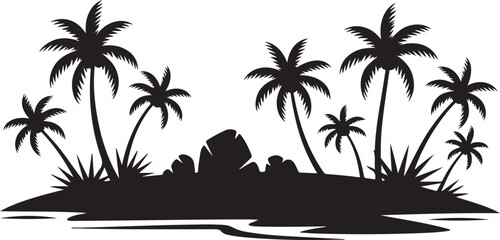 Tropical island with palm trees and rocks. exotic landscape silhouette perfect for travel and vacation themes. © Kohinoor