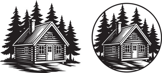 Rustic log cabin set surrounded by dense coniferous forest trees in monochrome black and white graphic style for outdoor design. © Kohinoor