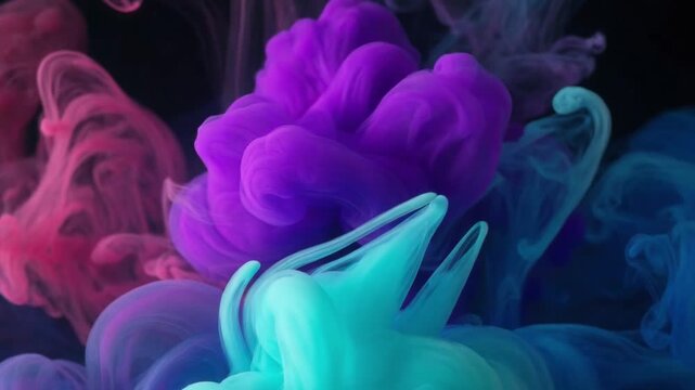Beautiful clouds of pink, purple, and cyan acrylic paint dissolving and swirling in water against a dark background, creating a fantastic and abstract colorful smoke effect with fluid motion. asmr