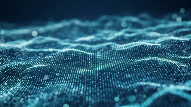 Futuristic blue digital particle wave background with glowing dots and shallow depth of field, representing abstract technology, big data, information flow, and connection concepts. asmr