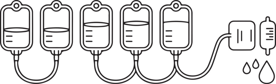 Intravenous fluid infusion medical equipment set showing multiple hanging saline bags connected through plastic tubing for treatment.