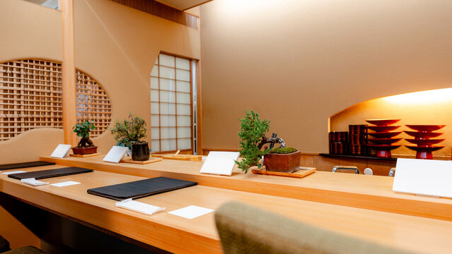 Traditional Japanese restaurant interior in Tokyo with counter