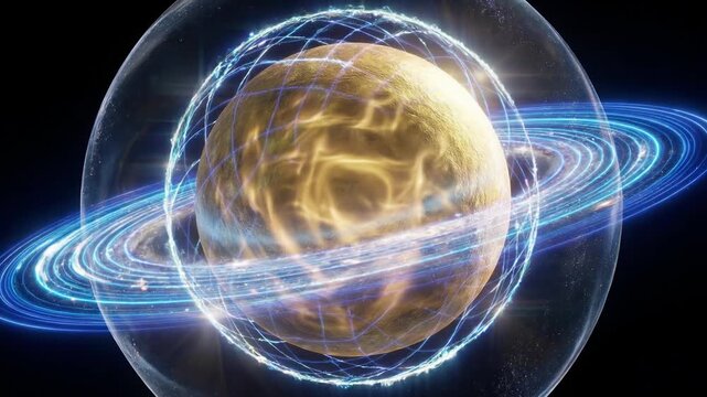 Mystical golden planet encased in a protective energy sphere and a grid force field, rotating with luminous blue rings against the vast darkness of deep space, representing cosmic power