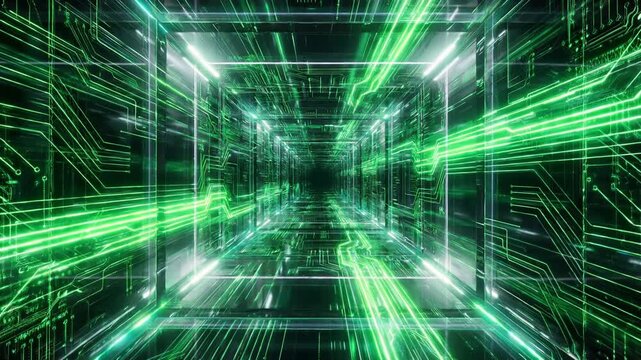 Seamless animation traveling through a futuristic green data tunnel, representing concepts of cyberspace, advanced technology, high speed internet, big data processing, and digital networking
