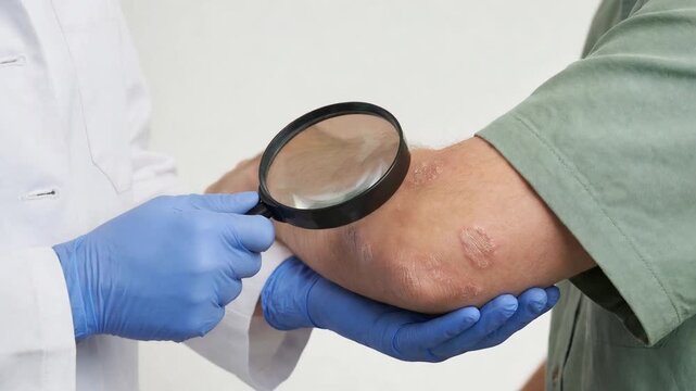 Professional dermatologist wearing blue medical gloves using a magnifying glass to examine a patient's elbow skin affected by psoriasis, eczema, or other dermatitis on a white background