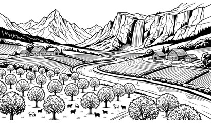 Pastoral Mountain Valley with Apple Orchard Farm Houses and Waterfall Vector Landscape © MDSohag