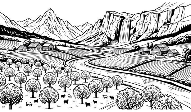 Pastoral Mountain Valley with Apple Orchard Farm Houses and Waterfall Vector Landscape