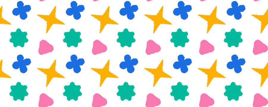 Seamless abstract pattern with colorful hand painted stars, blobs and organic shapes on white background, ideal for textile, packaging and kids decor