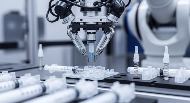 Robotic arm assembling medical syringes on an automated production line