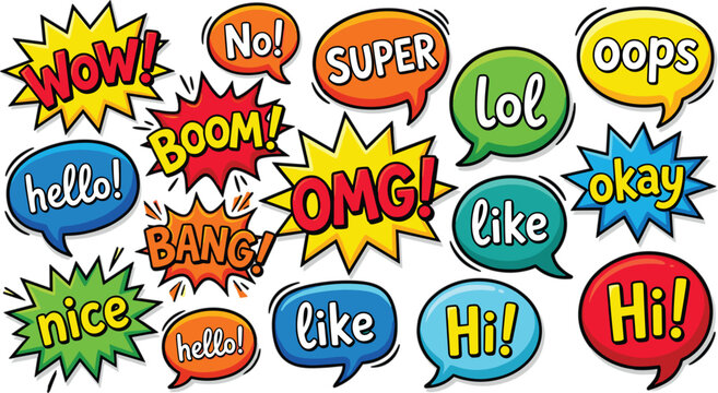Pop Art Comic Speech Bubble Vector Collection with Wow No Super Lol Oops Hello Boom Omg Okay Bang Like Nice and Hi Icon Designs