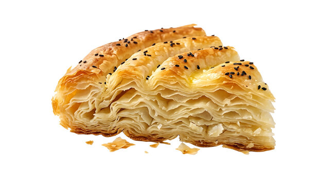 Flaky slice of traditional Turkish Borek pastry with sesame seeds isolated on a white background