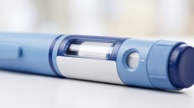 Close up of a blue weight loss pen with a clear window showing internal liquid
