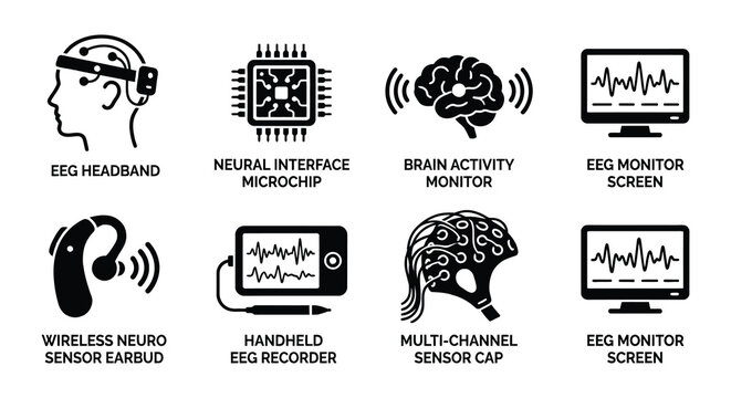 Neurological Interface Icons Flat Vector Illustration With Signal Waves