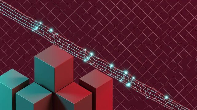 Carbon nanotube structure rotating above geometric blocks in this high quality motion graphic animation video clip