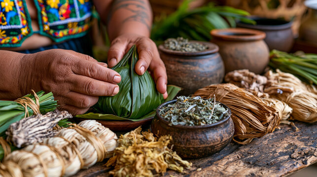 Close-up of hands belonging to a traditional herbalist as she measures and wraps medicinal plant preparations in banana leaf for a patient, clay medicine pots and dried specimen bundles arranged acr