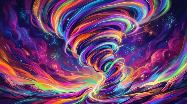 Dynamic rainbow vortex of swirling clouds and colorful light energy forming a powerful cosmic tornado against a purple sky.