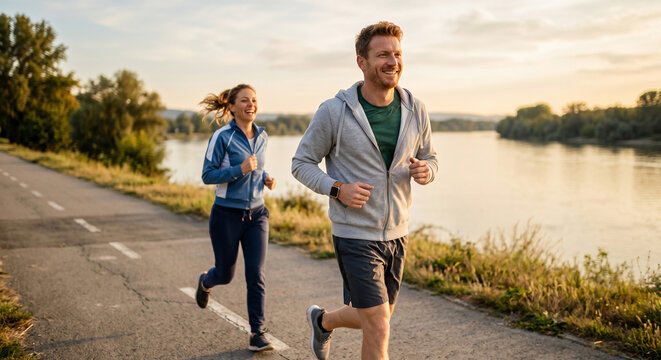 Happy young couple jogging on a riverbank path during a beautiful golden sunset, active lifestyle and outdoor fitness concept