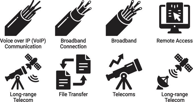 Broadband connection and telecommunications glyph icon set.