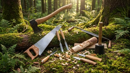 Fototapeta premium Saw and woodworking tools on forest moss, handmade craft concept.