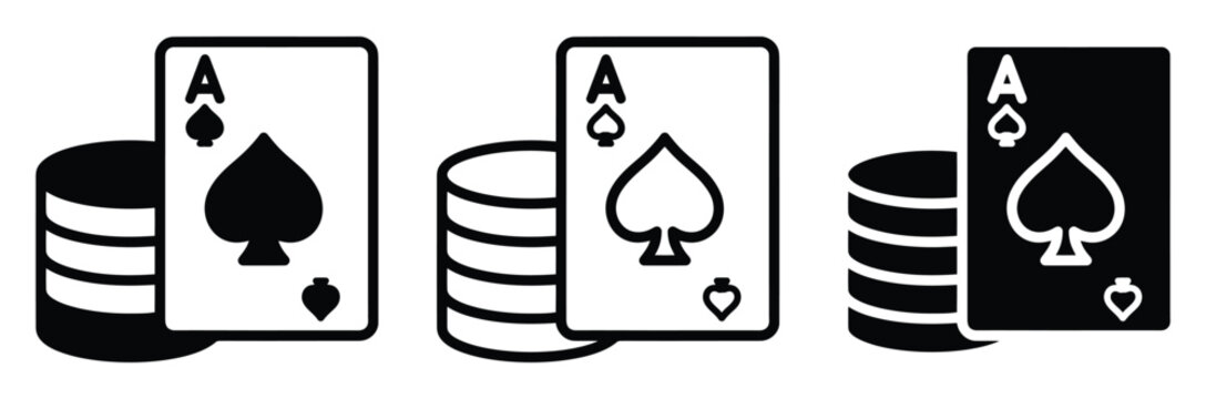 Three Ace of Spades playing cards with stacks of poker chips in black and white icon style for casino gaming concepts