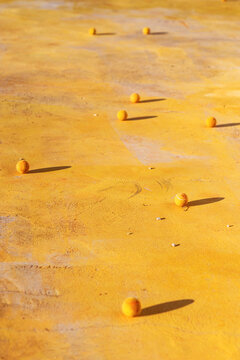 Scattered tennis balls on sunlit court surface background