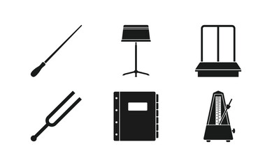 Collection of musical symbols and equipment icons including a conductor's baton, tuning fork, music stand, notebook, scale, and metronome © FITRI