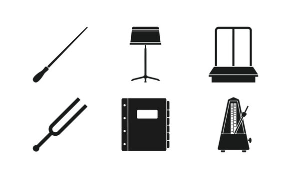 Collection of musical symbols and equipment icons including a conductor's baton, tuning fork, music stand, notebook, scale, and metronome