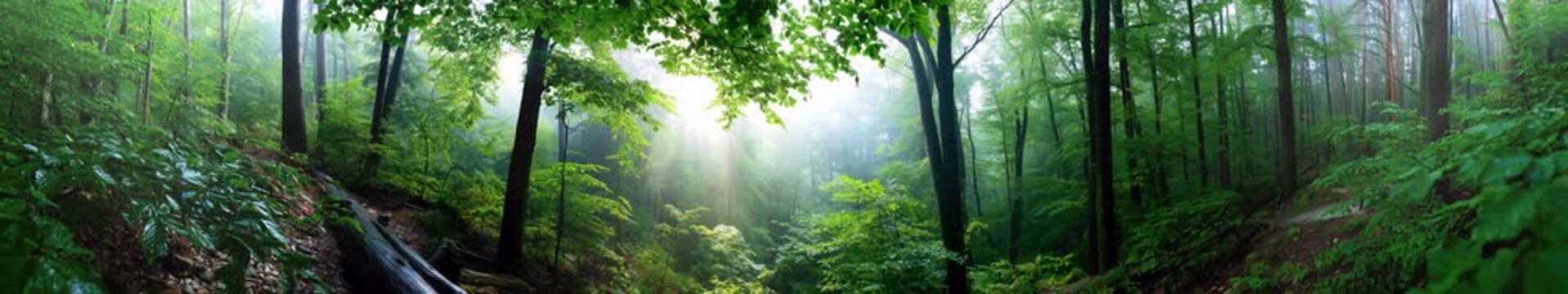 Morning Sunrays in Lush Green Forest Panorama, Misty Woodland Nature Landscape Animation, Widescreen Loop