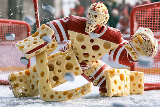 A hockey goalie made of cheese.