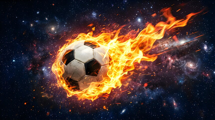 Naklejka premium Soccer ball exploding with fire in space background