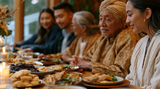 Intergenerational family argument frozen mid-gesture at a dinner table, younger members dressed in mainstream fashion and elder relatives in traditional attire, the cultural gap between generations 